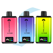 Three colorful Hayati Pro Ultra Plus S 50k vape devices with digital displays on a white background