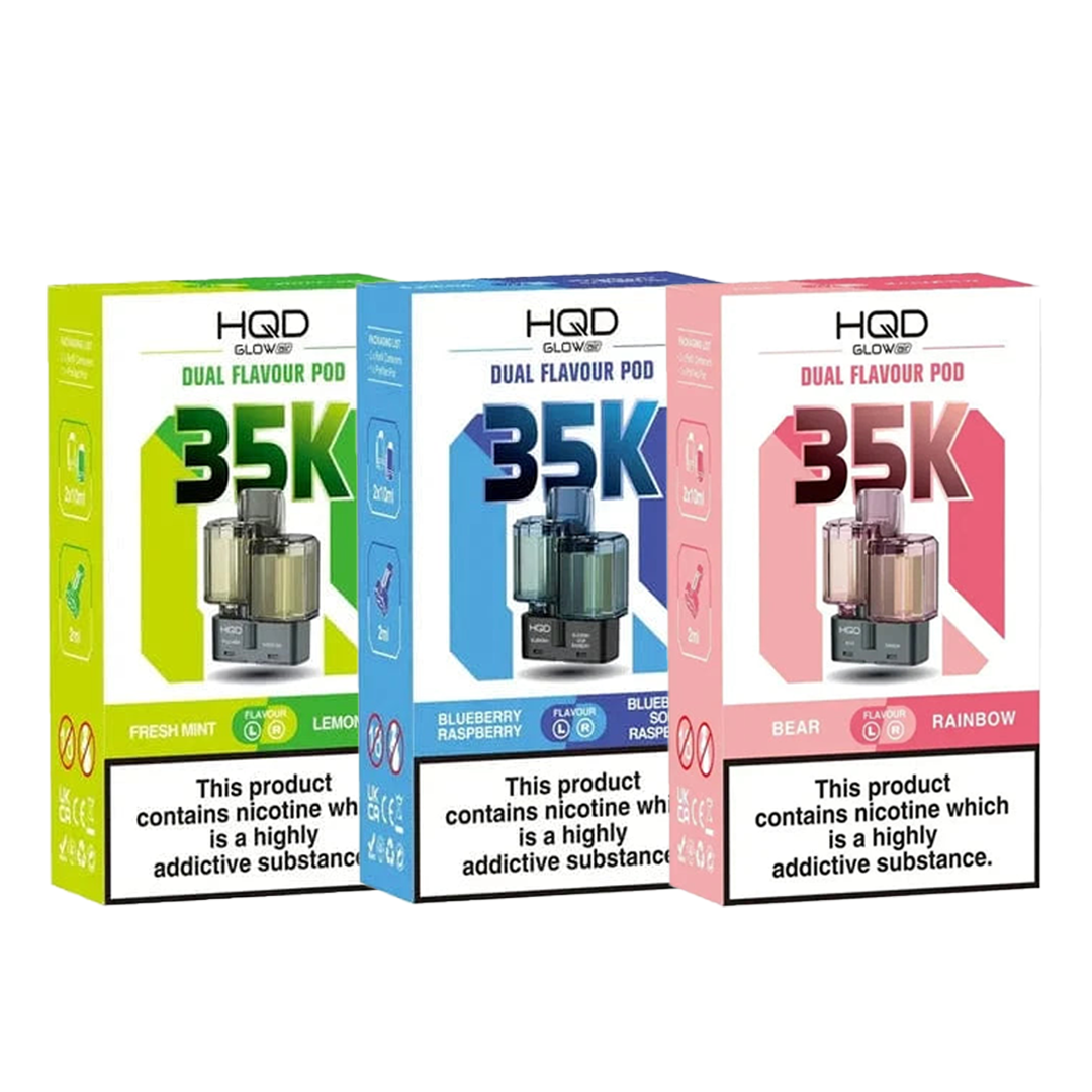 Three boxes of HQD 35K dual-flavour vape pods in different colors on a white background.