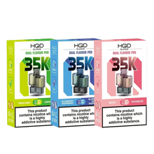 Three boxes of HQD 35K dual-flavour vape pods in different colors on a white background.