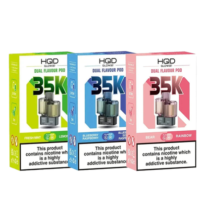 Three boxes of HQD 35K dual-flavour vape pods in different colors on a white background.
