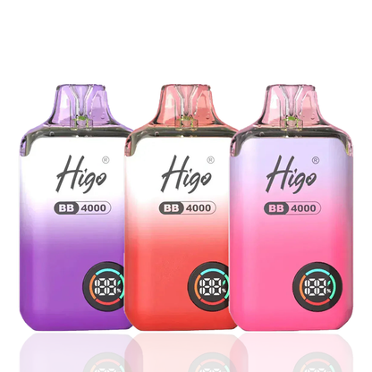 Three Higo BB 4000 vape devices in purple, red, and pink on a white background.