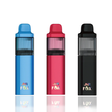 Three JNR FOX vape devices in blue, red, and black on a white background