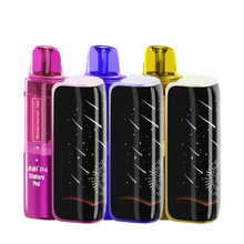Four colorful JNR P4 Stellarc vape devices with black and white designs on a white background