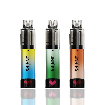 Three JNR P5 vape devices with colorful gradient bodies on a white background