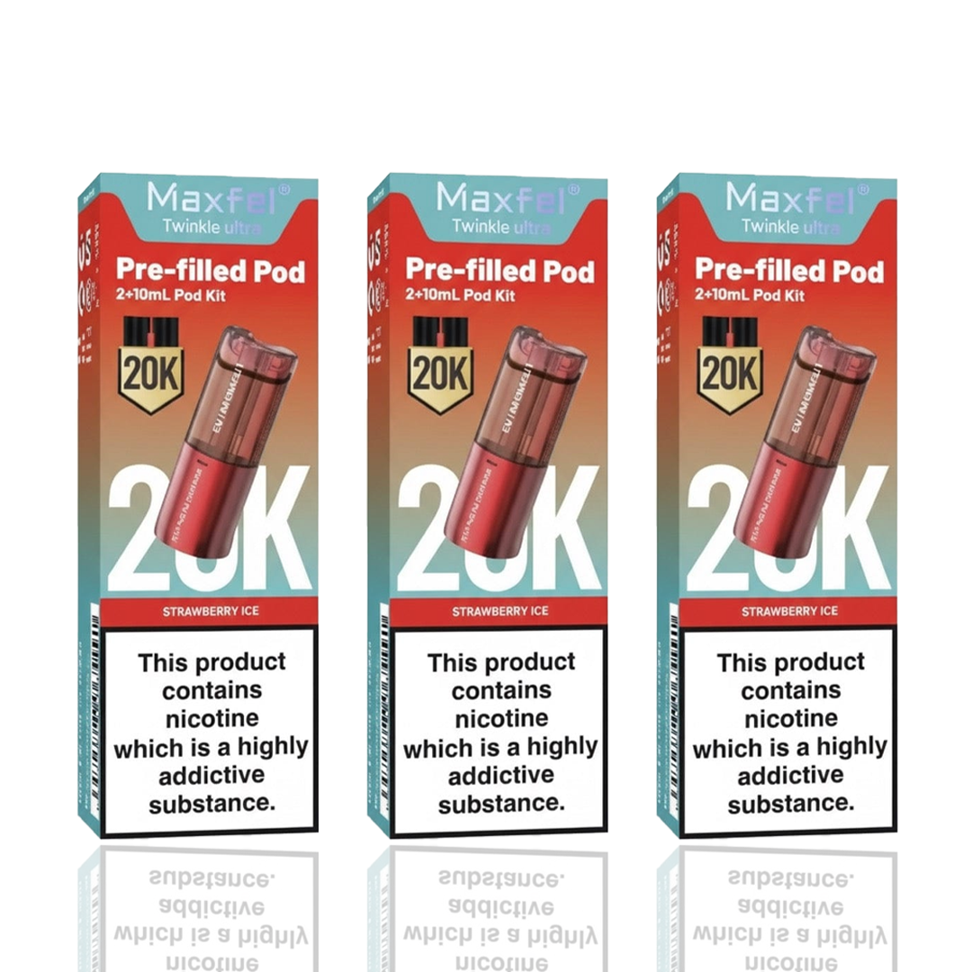 Three Maxfel Twinkle Ultra pre-filled pod boxes with strawberry ice flavor on a white background