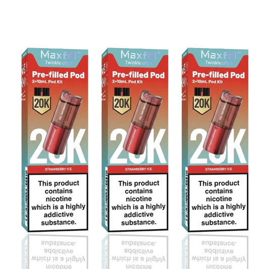 Three Maxfel Twinkle Ultra pre-filled pod boxes with strawberry ice flavor on a white background