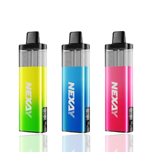 Three colorful NEXAY Crush 10k vape devices on a white background