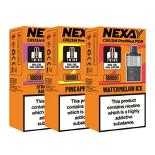 Three boxes of Nexay Crush 10k pre-filled vape pods with different flavors on an orange background.