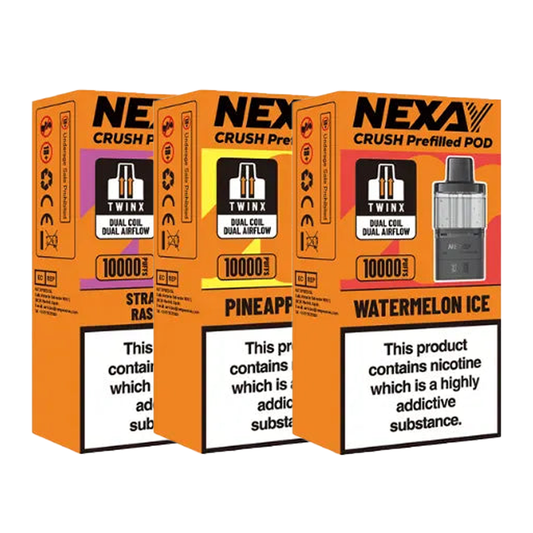 Three boxes of Nexay Crush 10k pre-filled vape pods with different flavors on an orange background.