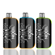 Three Nexel thunder vape kits with different colored accents on a white background