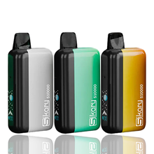 Three Slikary s10000 vape devices in black, green, and orange on a white background