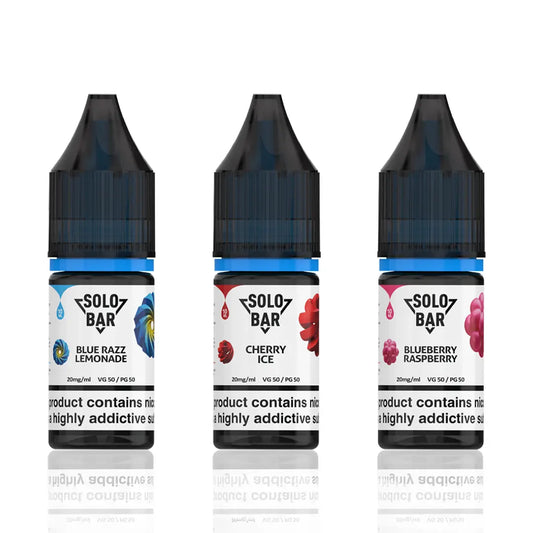 Three Solo Bar vape juice bottles with different flavors on a white background