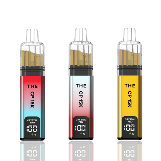 Three gradient-colored vape devices with 'THE CP 15K' branding on a white background.