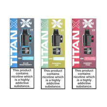 Three Titan X 10k prefilled pod packaging with different flavors on a white background.